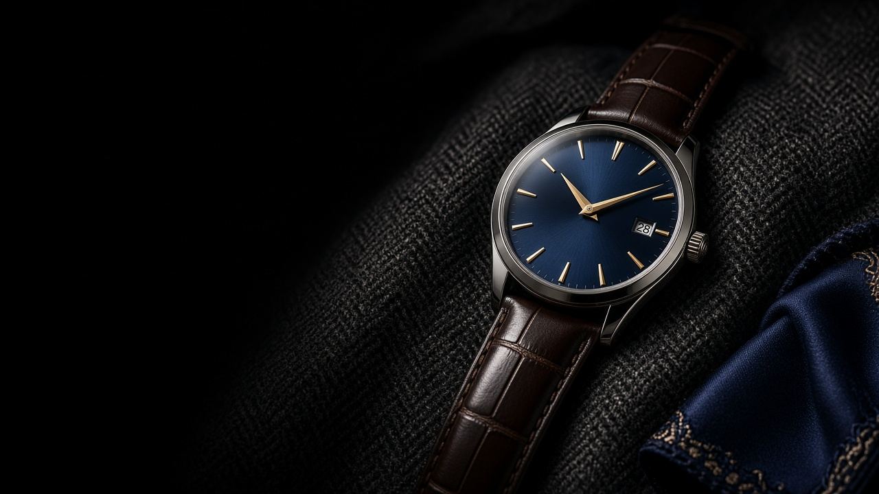 A steel watch with a blue sunburst dial and brown leather strap resting on charcoal herringbone tweed next to a navy pocket square